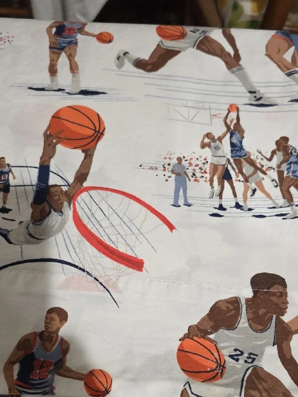 Pottery Barn Kids Basketball Players White, Navy, Orange, Brown Cotton Twin Flat